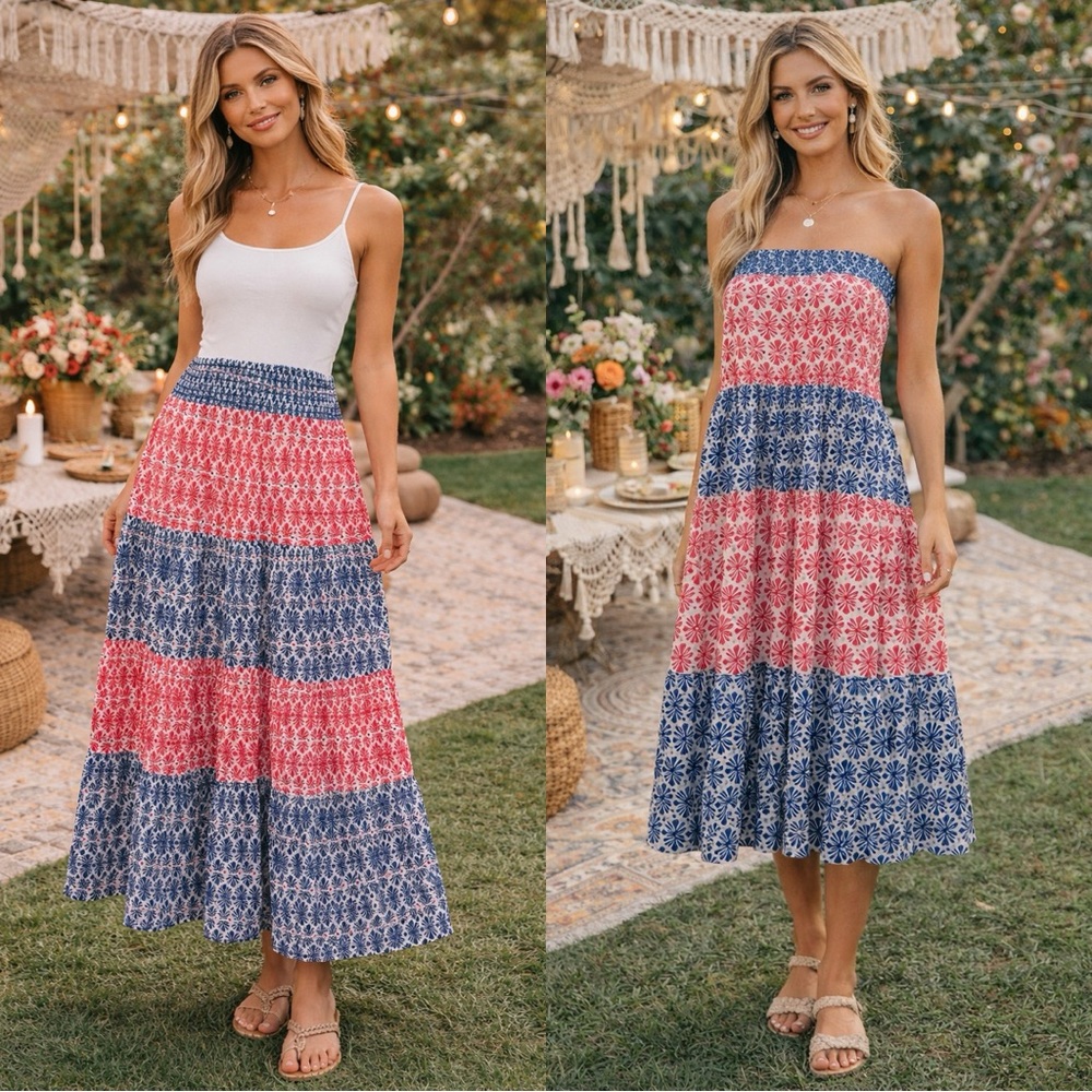 Vineyard Vines Tiered Maxi Skirt Strapless Dress Boho Red White Blue S NWT $198